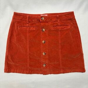 True Craft Orange Corduroy Button Up Skirt Wooden Buttons Pockets Womens Size 13
